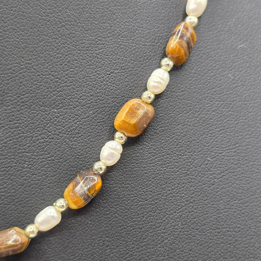 Tigers Eye Freshwater Pearl Beaded Necklace Brown Gold White 18.5 Inch Boho
